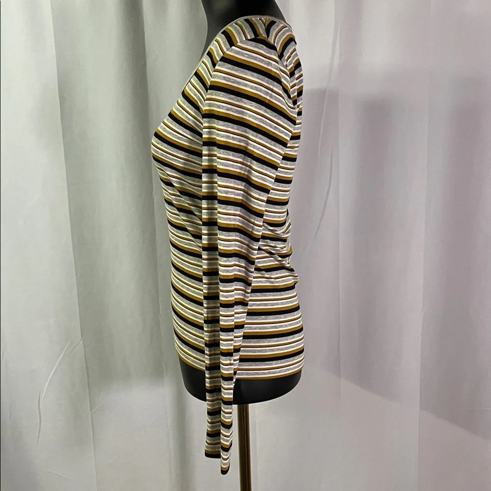 NWT LOFT Mustard Yellow Black & Gray Striped Long Sleeve Round Neck Top
